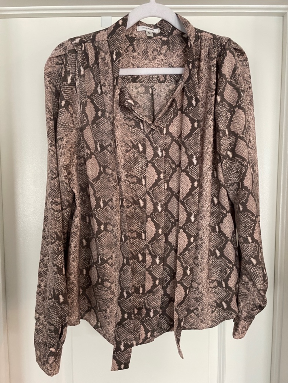 Stella & Dot Taupe and Brown Snake-Print Tie-Neck Blouse - Picture 8 of 16